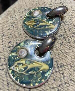 Vintage 1980s‎ Mod Resin Sea Shell Disc Statement Earrings Pierced Clip Hybrid⁠